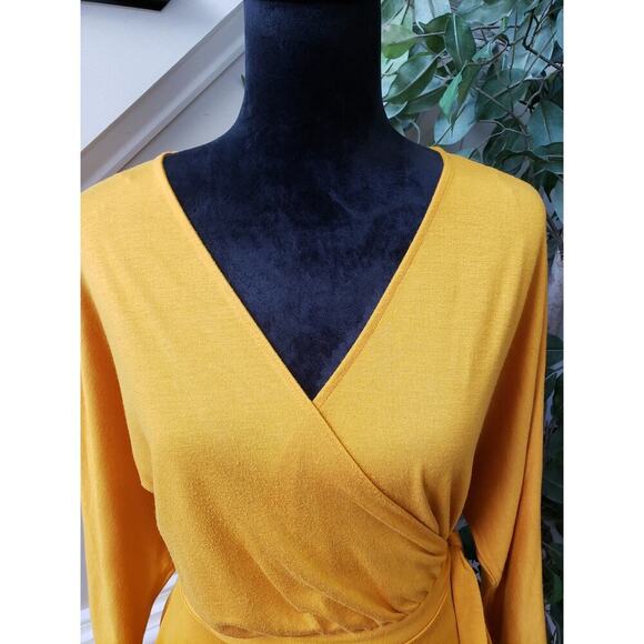 a.n.d Knee Length Dress Womens Small Yellow Long Sleeve V Neck Belted Open Front - Picture 11 of 13